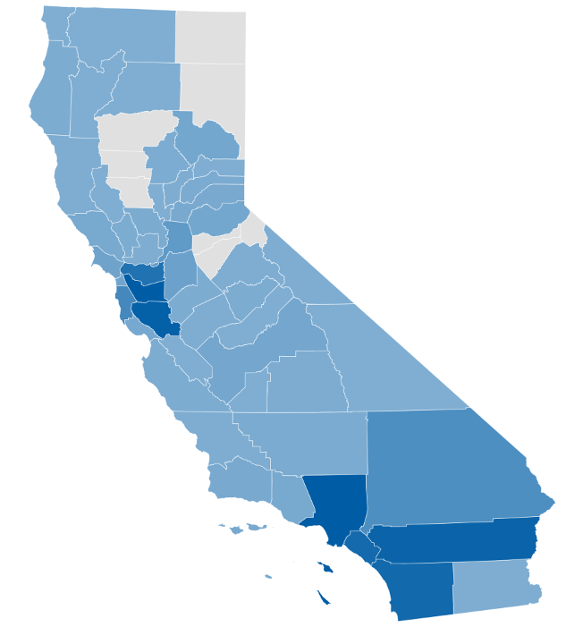 Graphic showing a California state heatmap (counties that have a higher UC Scout course enrollment are darker in color)